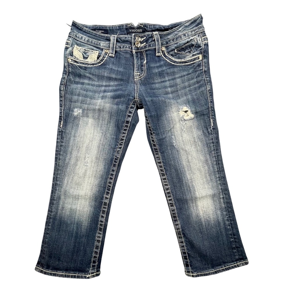 Vigoss Blue The Chelsea Capri Distressed Embroidered Jeans Womens Size 5/6
